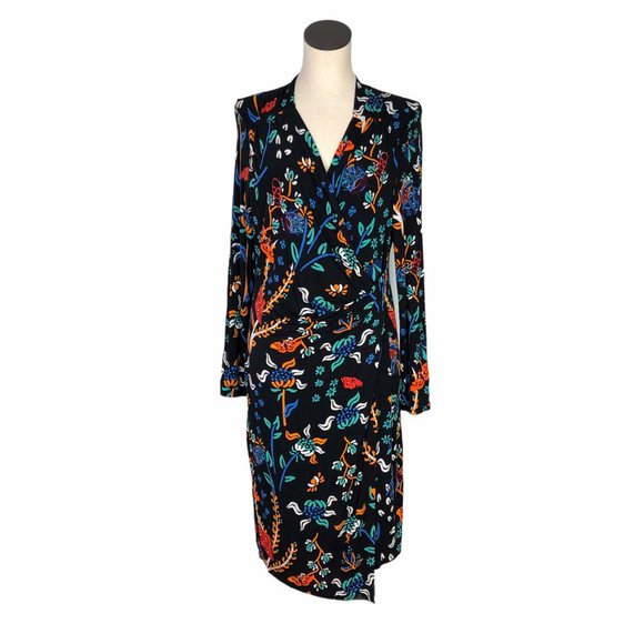 Desigual Bridie Womens L Floral Mock Wrap Dress Black Rayon Spandex Long Sleeve - Picture 4 of 10